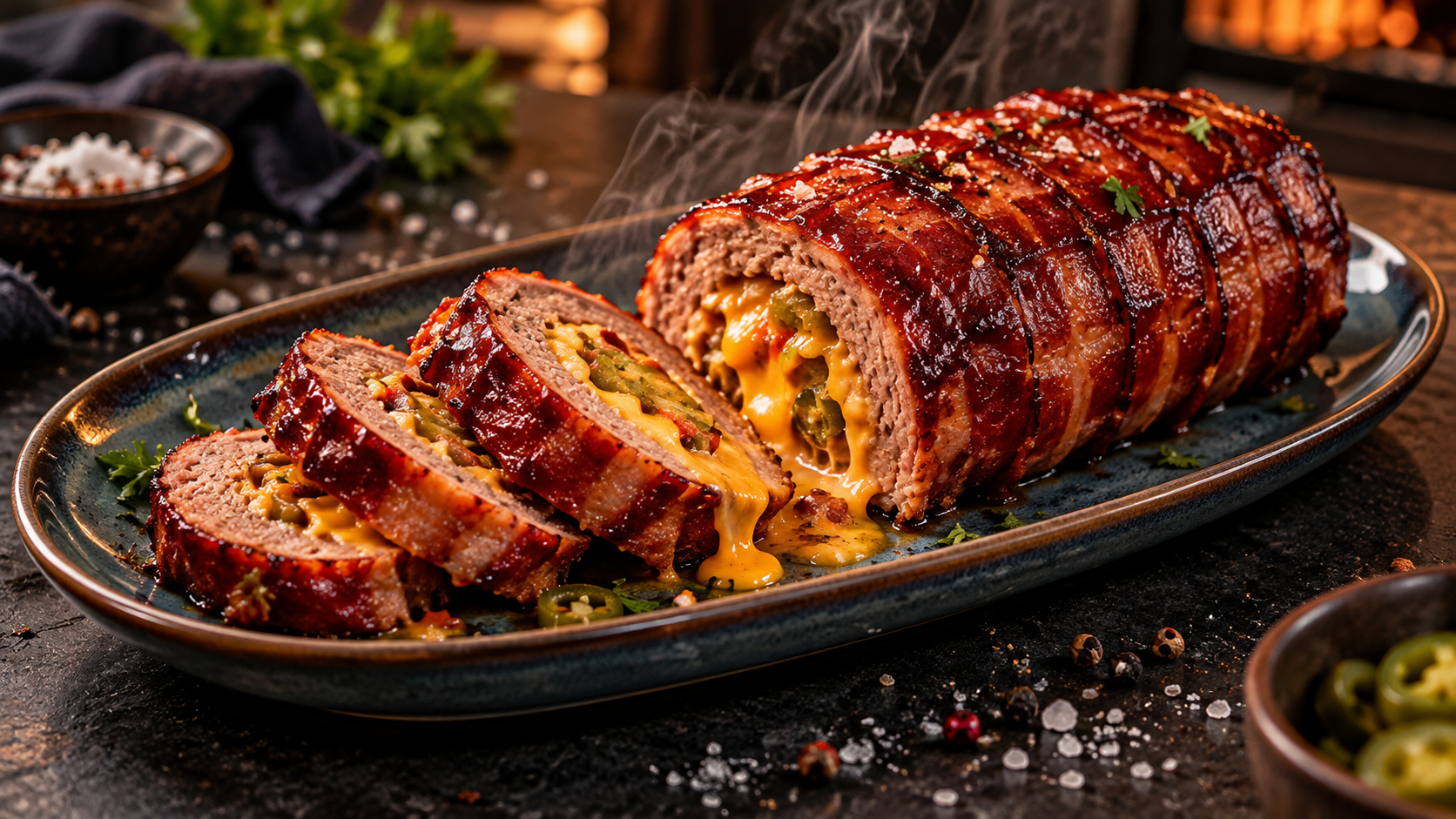 Angeschnittene Bacon Bomb mit Chili Cheese Füllung auf einem Holzbrett