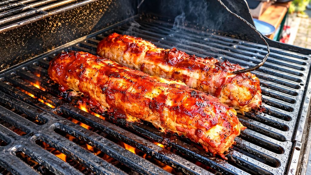 Zwei glasierte Bacon Bombs mit Chili Cheese Füllung auf dem Gasgrill, mit Thermometerfühler in der Kerntemperatur-Messung