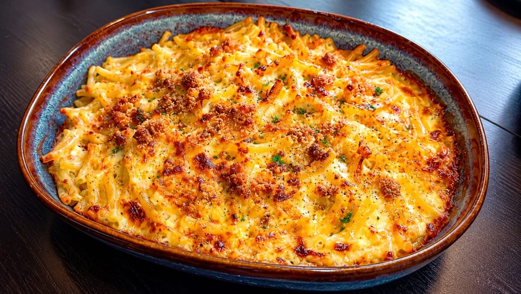Fertiges Mac and Cheese vom Grill mit goldbrauner Bröselkruste und frischen Kräutern in der blauen Auflaufform