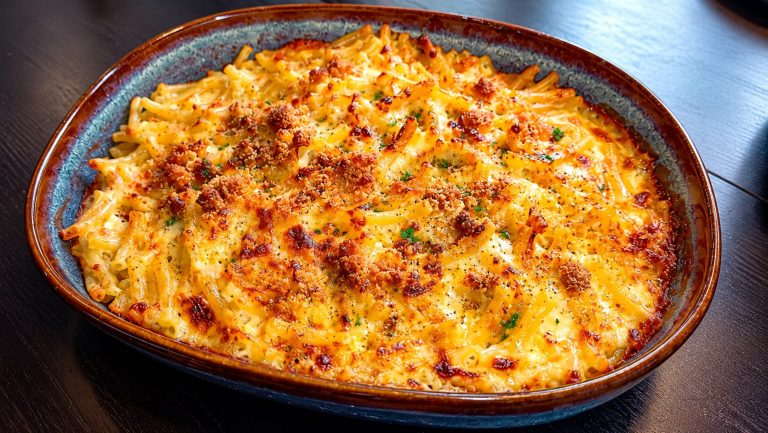 Fertiges Mac and Cheese vom Grill mit goldbrauner Bröselkruste und frischen Kräutern in der blauen Auflaufform