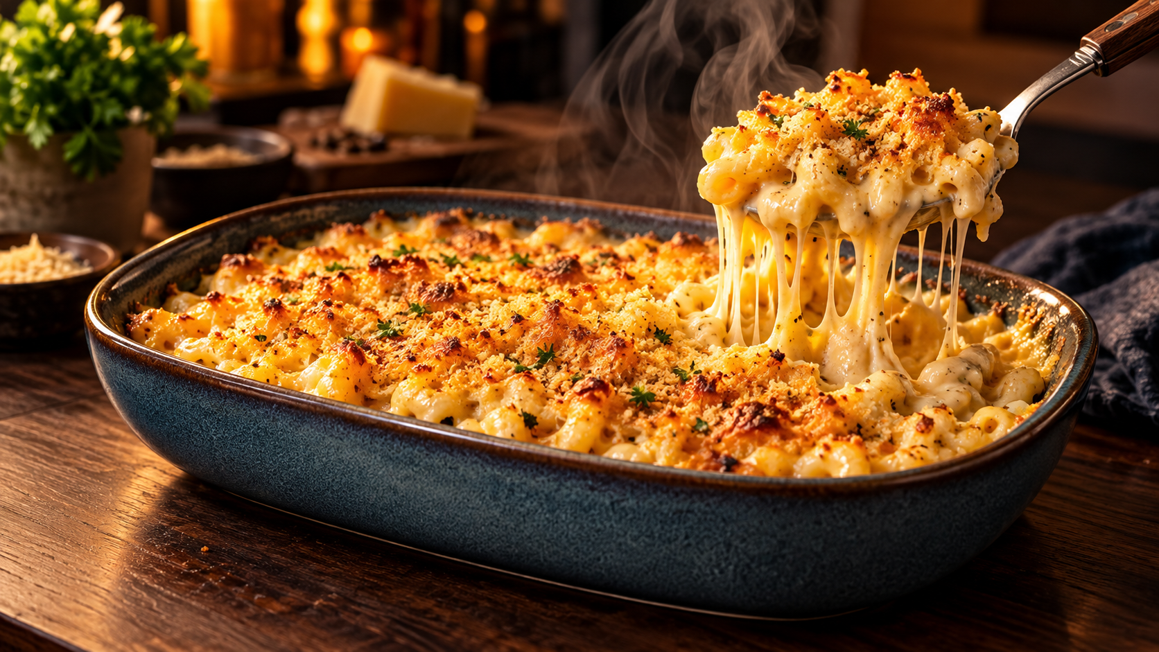 Mac and Cheese vom Grill in der Gusseisenpfanne mit goldbrauner Kruste